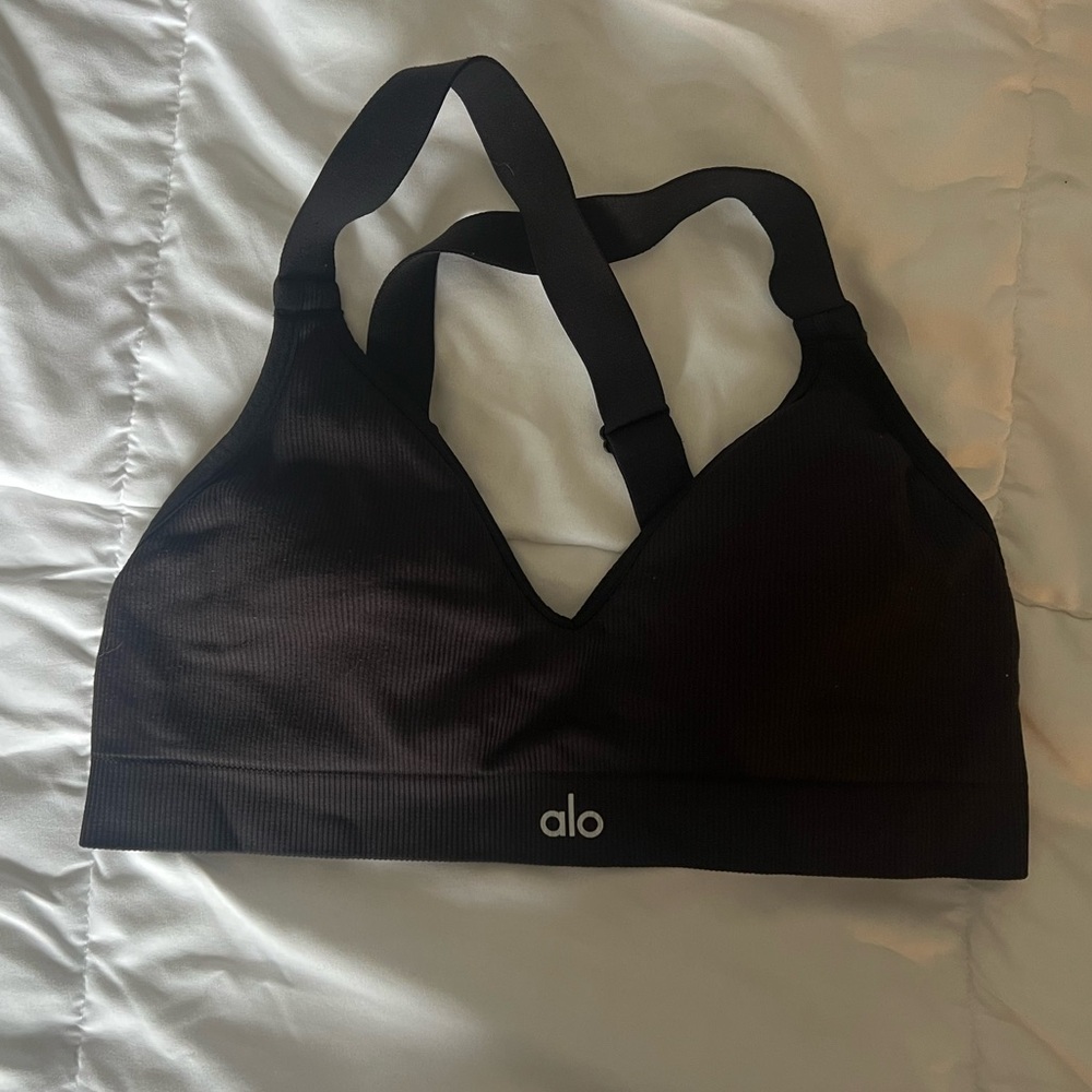 ALO Yoga Black Ribbed V-Neck Sports Bra and shorts set